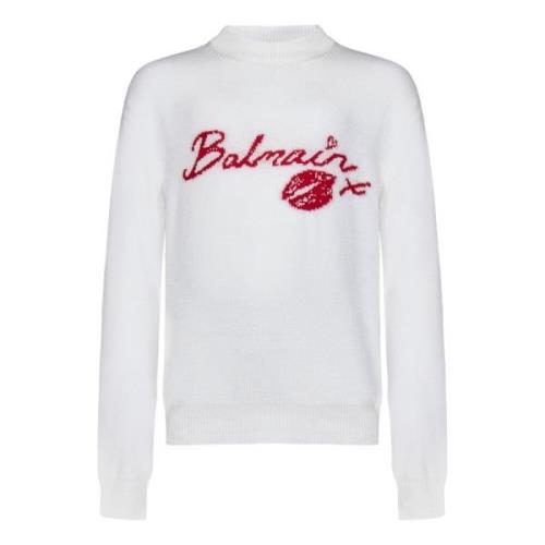 Hvid Strikket Crewneck Sweater med Logo