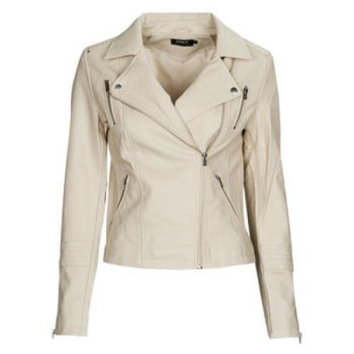 Beige Faux Læder Biker Jakke