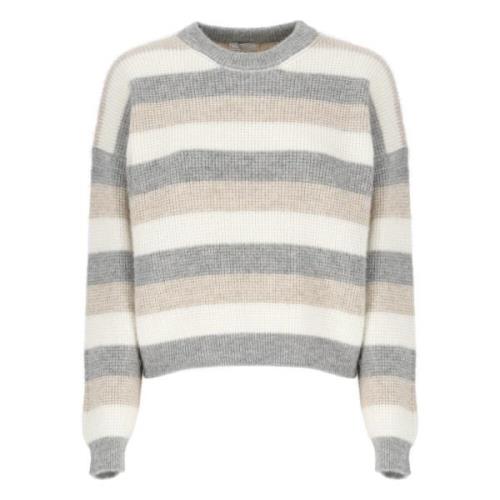 Stribet Beige Sweater Rund Hals Lange Ærmer