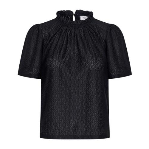 Feminin Sort Flæsekant Bluse