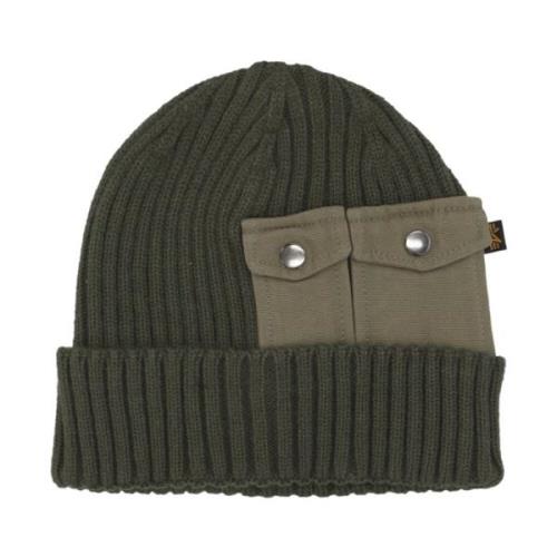 Mørk Oliven Utility Beanie med Ribstrikket Kant