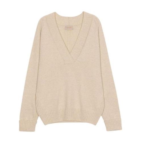 Beige Wrap Jersey med Dyb V-Hals og Ribdetaljer