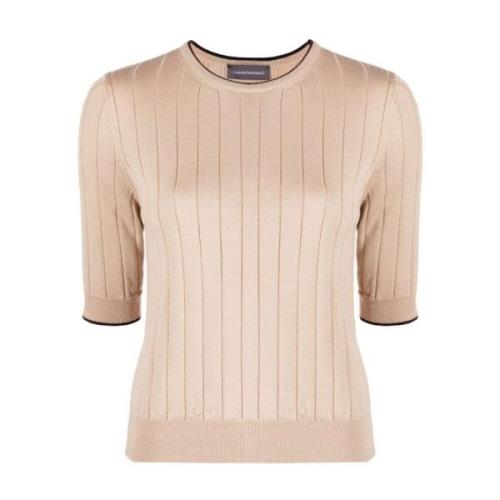 Beige Uld Strik T-shirt med Kort Ærme