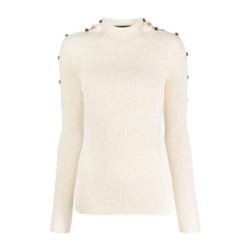 Beige Bomuld Rib Højhalset Sweater