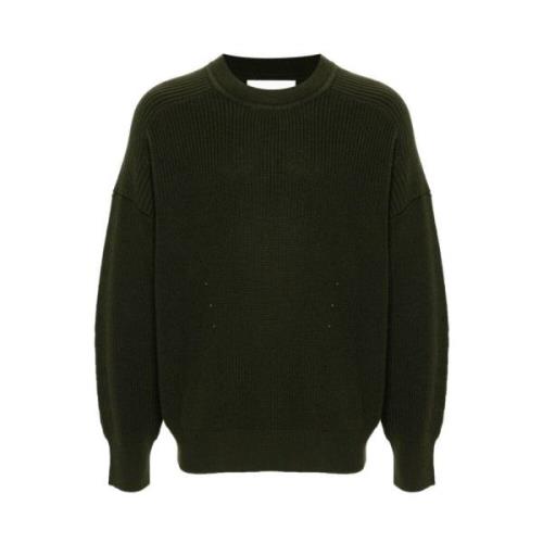 Khaki Ribstrikket Sweater med Rund Hals