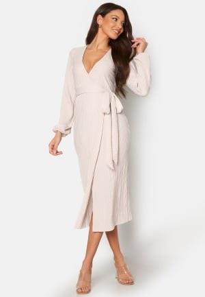 BUBBLEROOM Pleated Wrap Midi Dress Light beige L