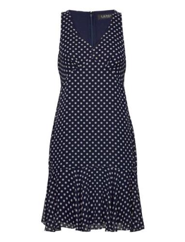 Polka-Dot Chiffon Sleeveless Dress Knælang Kjole Blue Lauren Ralph Lau...