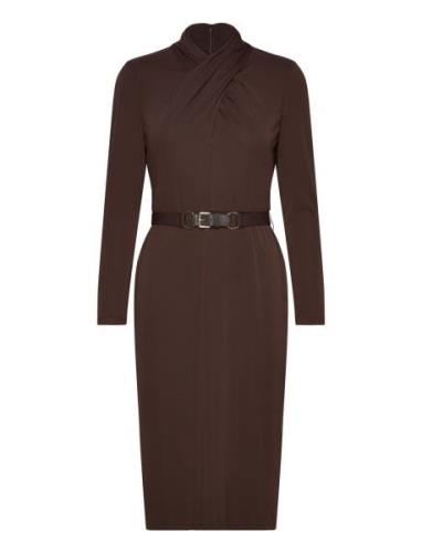 Belted Mockneck Jersey Dress Knælang Kjole Brown Lauren Ralph Lauren