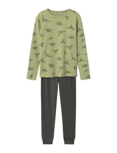 Nkmnightset Sage Dino Noos Pyjamassæt Khaki Green Name It