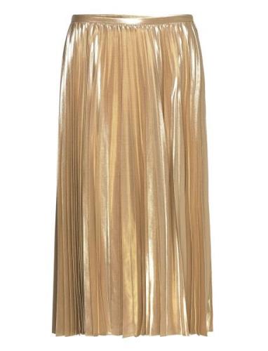 Pleated Metallic Chiffon Skirt Knælang Nederdel Gold Lauren Ralph Laur...