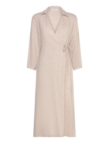 Mschjovene Ginia 3/4 Wrap Dress Knælang Kjole Beige MSCH Copenhagen