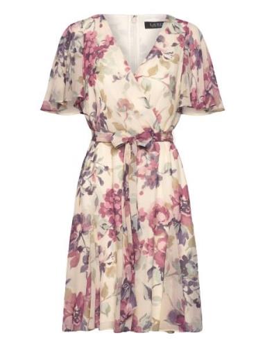 Floral Crinkle Georgette Surplice Dress Kort Kjole Cream Lauren Ralph ...