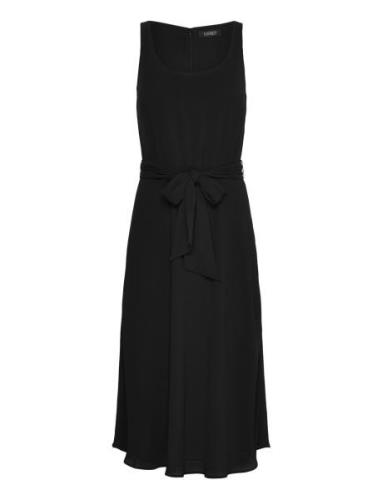 Belted Crepe Sleeveless Dress Knælang Kjole Black Lauren Ralph Lauren