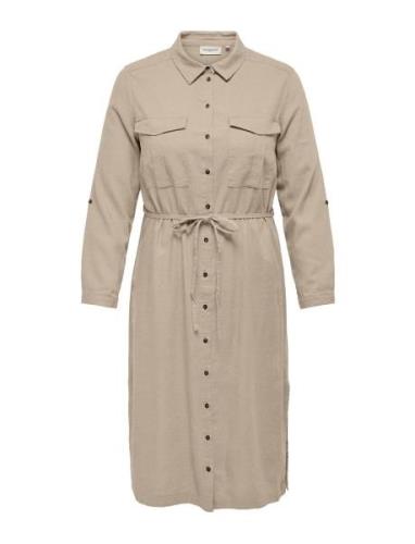 Carcaro Ls Linen Shirt Dress Wvn Knælang Kjole Beige ONLY Carmakoma