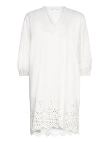 Cotton Dress W/ Embroidery Knælang Kjole White Rosemunde