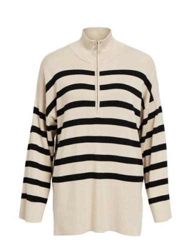 Objester L/S Knit Zip Pullover Noos Tops Knitwear Jumpers Beige Object