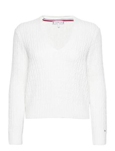 Cable All Over V-Nk Sweater Tops Knitwear Jumpers White Tommy Hilfiger