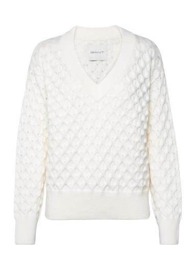 Textured Knit V-Neck Tops Knitwear Jumpers Cream GANT