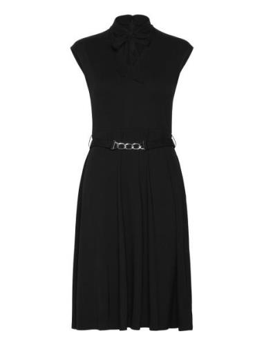 Belted Interlock Tie-Neck Dress Knælang Kjole Black Lauren Ralph Laure...