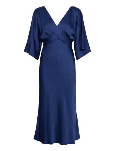 Juno V-Neck Satin Midi Dress Designers Knee-length & Midi Blue Malina