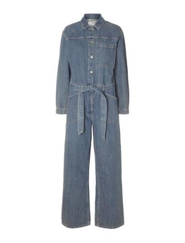 Slfmarley Ls Mid Blue Denim Jumpsuit Bottoms Jumpsuits Blue Selected F...