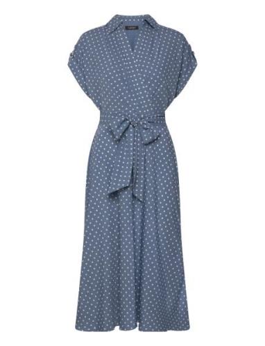 Polka-Dot Belted Crepe Dress Knælang Kjole Blue Lauren Ralph Lauren