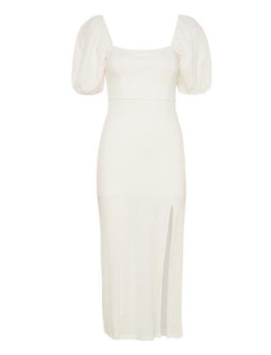 Puff Sleeve Midi Dress Knælang Kjole White Gina Tricot