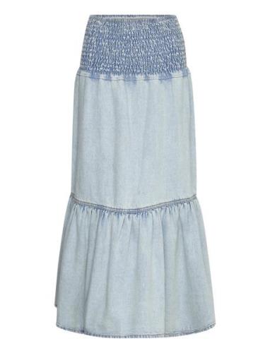 Smock Flounce Denim Skirt Lang Nederdel Blue Gina Tricot