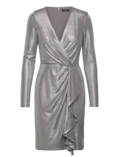 Metallic Knit Surplice Cocktail Dress Knælang Kjole Silver Lauren Ralp...