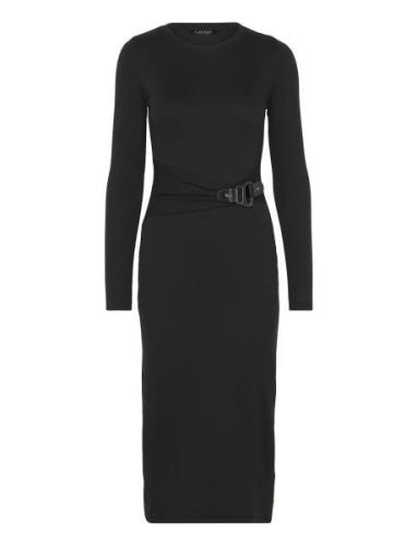 Buckle-Trim Cotton-Blend Knit Midi Dress Knælang Kjole Black Lauren Ra...