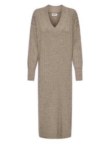 Onlnew Tessa L/S Midi V Dress Knt Noos Knælang Kjole Beige ONLY