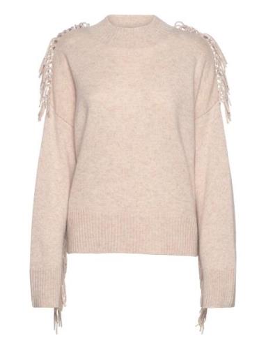 Boxy O-Neck Sweater Fringes Tops Knitwear Jumpers Beige Davida Cashmer...