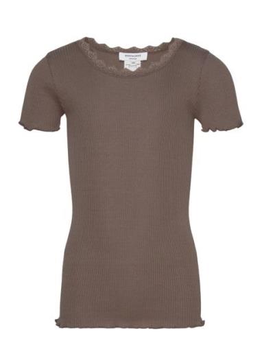 Silk T-Shirt W/ Lace Tops T-Kortærmet Skjorte Brown Rosemunde Kids