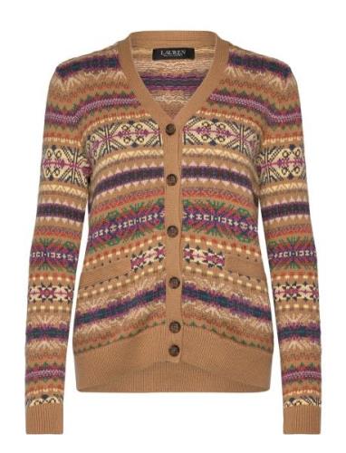 Fair Isle Cotton-Linen V-Neck Cardigan Tops Knitwear Cardigans Brown L...