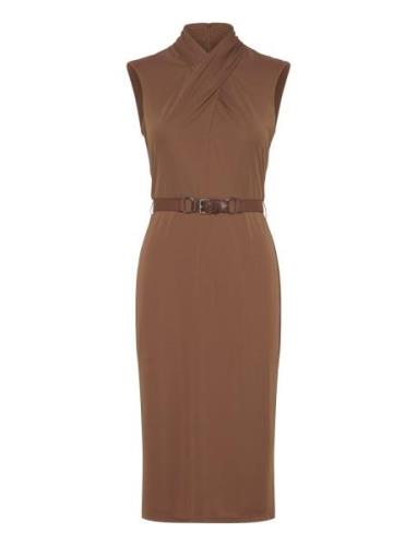 Belted Jersey Mockneck Dress Knælang Kjole Brown Lauren Ralph Lauren