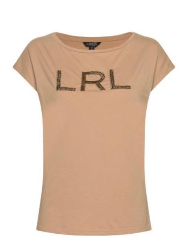 Beaded-Logo Cotton Jersey Tee Tops T-shirts & Tops Short-sleeved Beige...