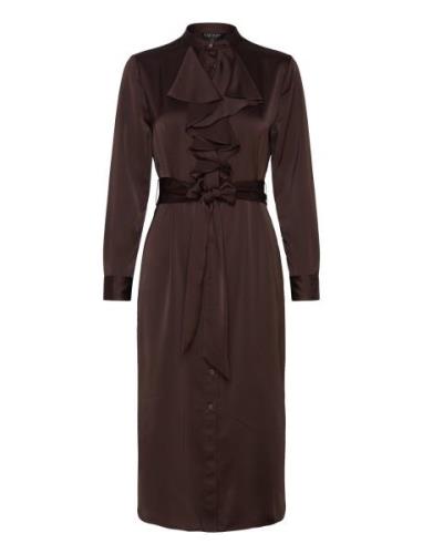 Ruffle-Trim Satin Charmeuse Shirtdress Knælang Kjole Brown Lauren Ralp...