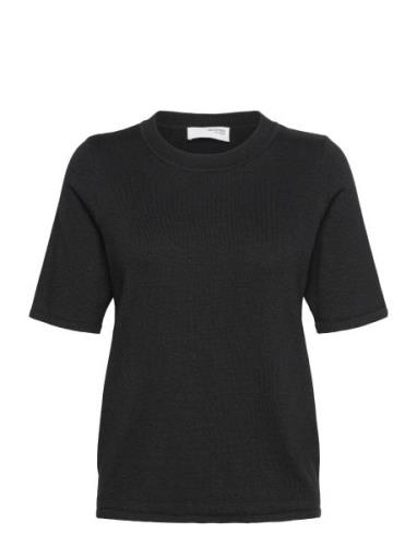 Slflura Lurex 2/4 Knit O-Neck Tops Shirts Short-sleeved Black Selected...