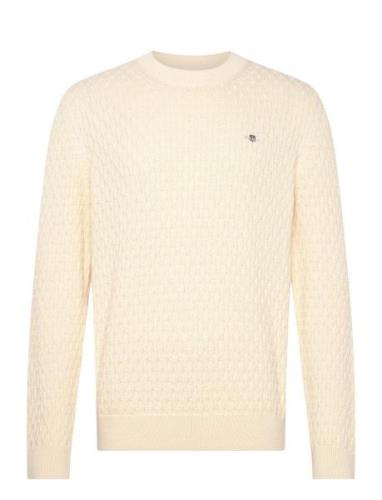 Textured Cotton C-Neck Tops Knitwear Round Necks Cream GANT