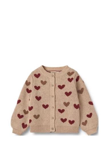 Jacquard Cardigan Hearts Tops Knitwear Cardigans Beige Wheat