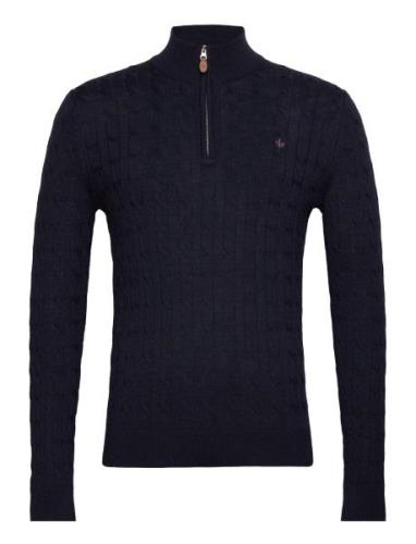 Merino Cable John Zip Designers Knitwear Half Zip Jumpers Navy Morris