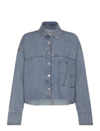 Denim Overshirt With Frayed Hem Tops Shirts Denim Shirts Blue Mango