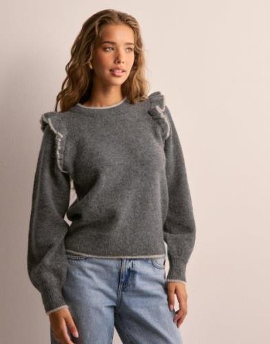 Selected Femme - Grå - Slfalva Frills Ls Knit O-Neck